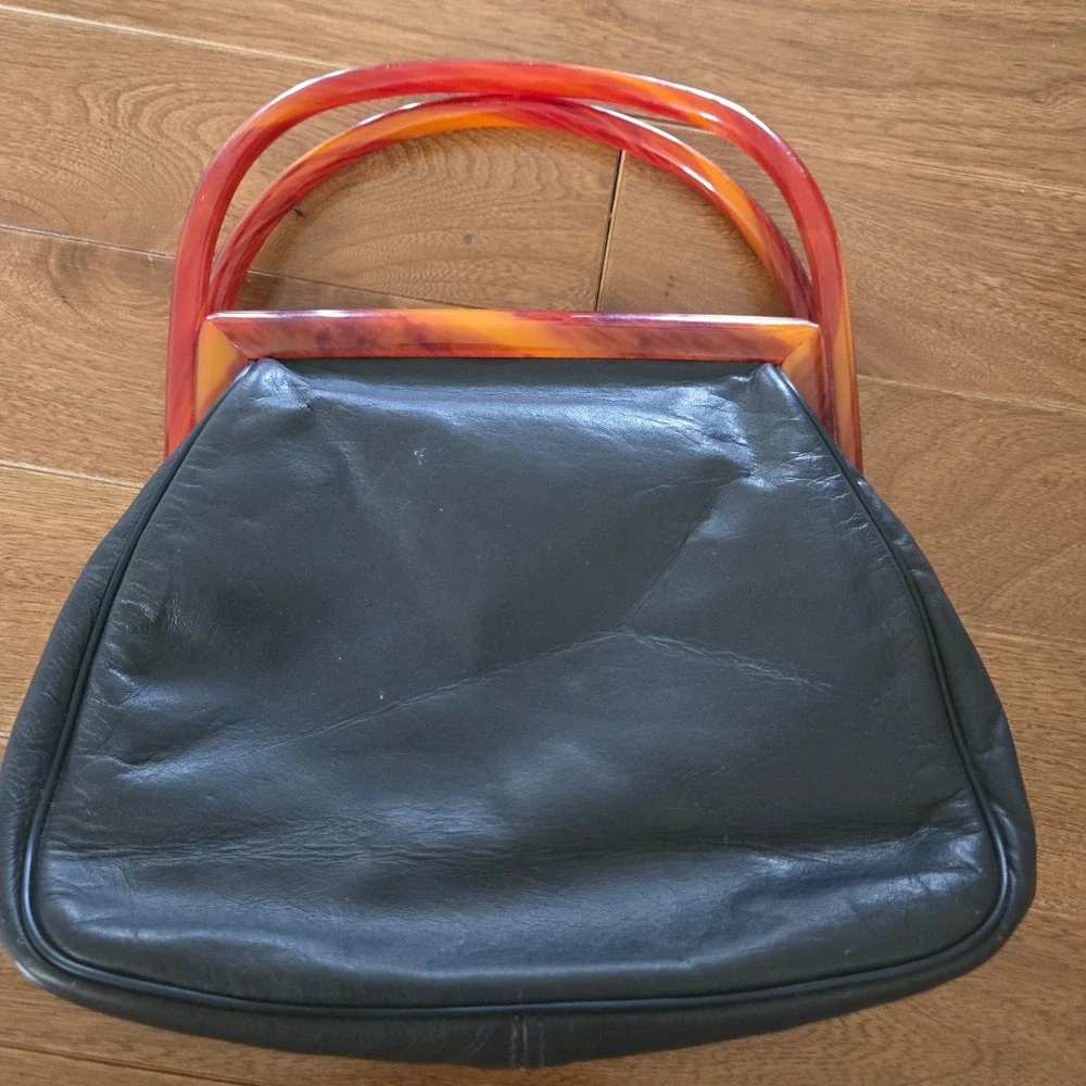 Vintage Marolin Black Leather Handbag Faux Tortoise Lucite Handle Frame MCM Bag